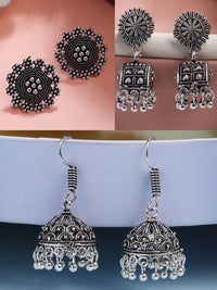 Thumbnail for NVR Women Set of 3 Silver-Plated Oxidized Contemporary Jhumkas & Stud Earrings