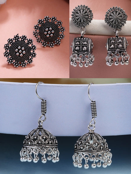 NVR Women Set of 3 Silver-Plated Oxidized Contemporary Jhumkas & Stud Earrings