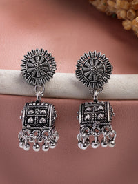 Thumbnail for NVR Women Set of 3 Silver-Plated Oxidized Contemporary Jhumkas & Stud Earrings