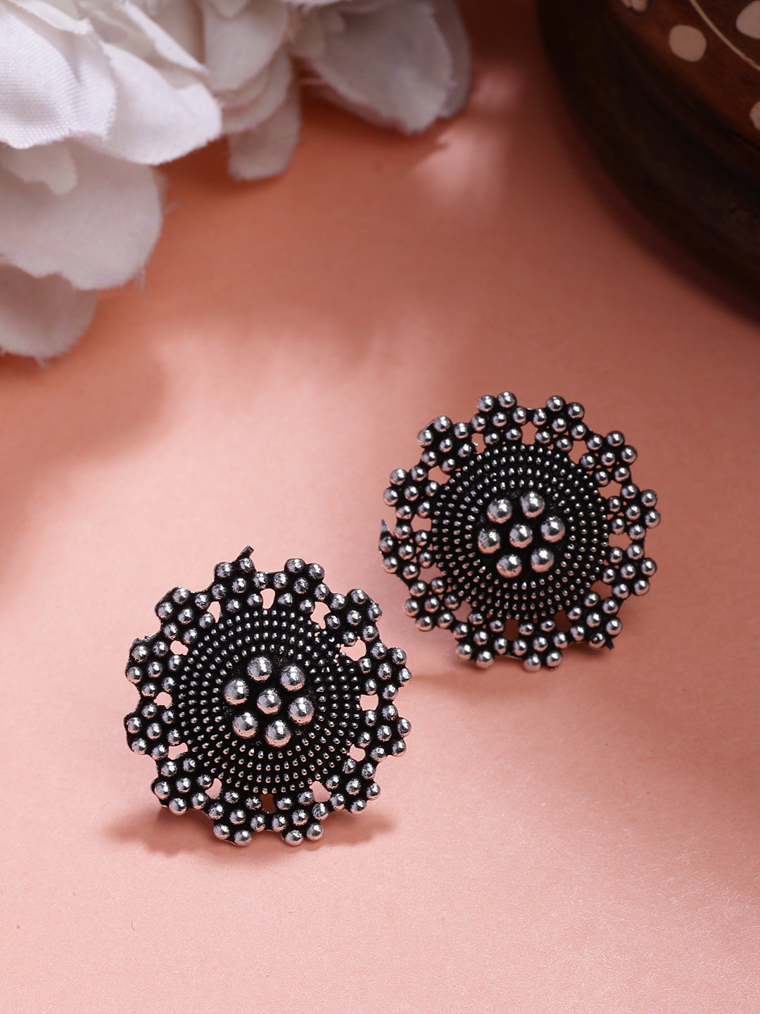 NVR Women Set of 3 Silver-Plated Oxidized Contemporary Jhumkas & Stud Earrings