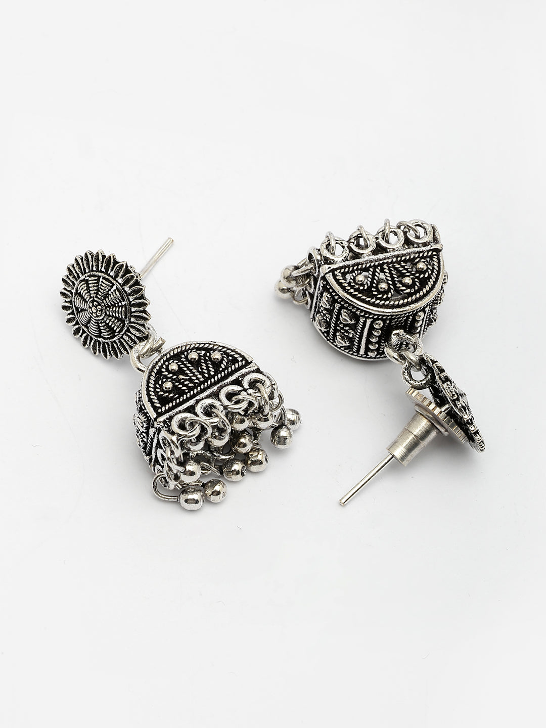NVR Women Set of 3 Silver-Plated Oxidized Contemporary Jhumkas & Stud Earrings