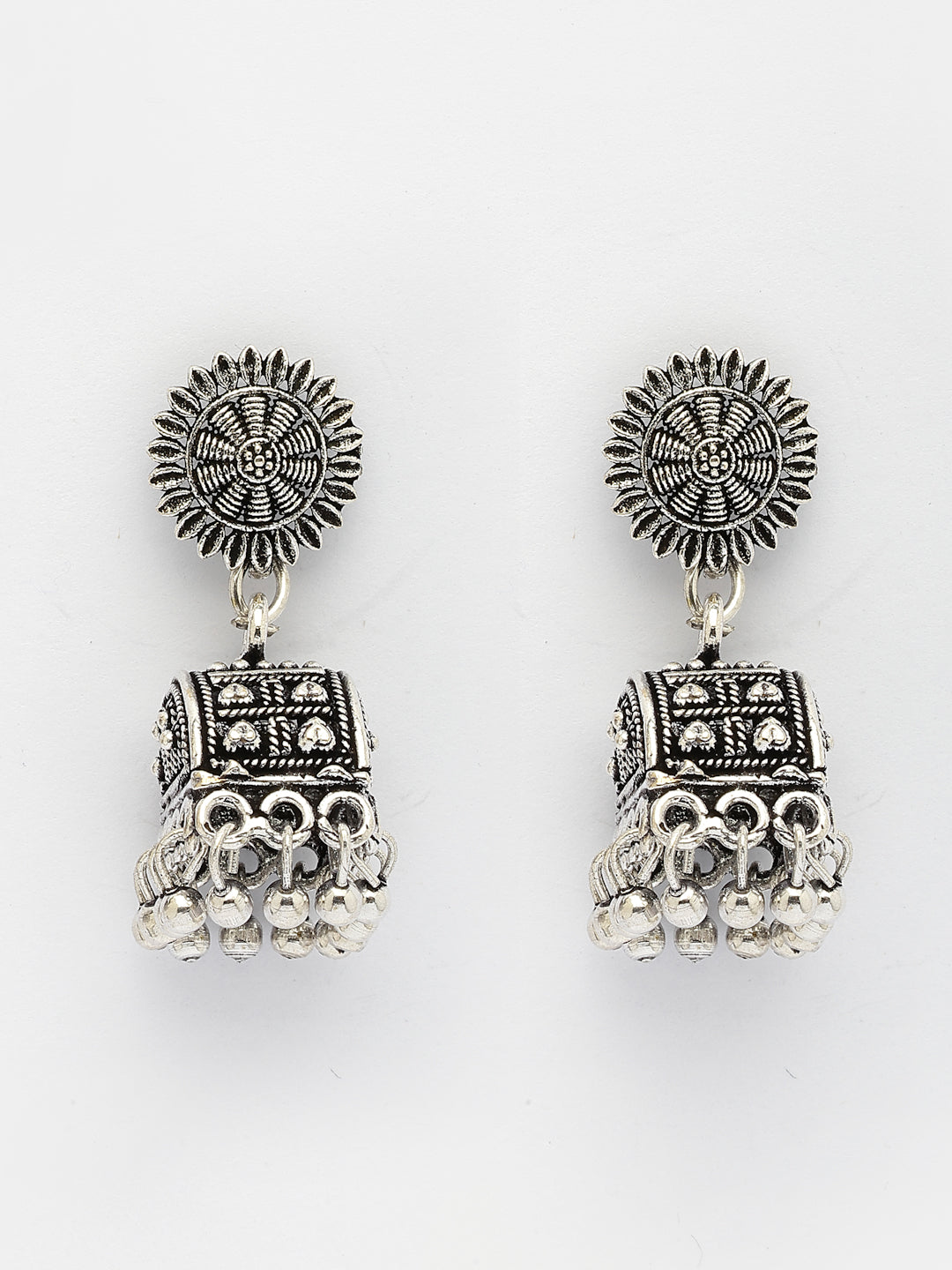 NVR Women Set of 3 Silver-Plated Oxidized Contemporary Jhumkas & Stud Earrings