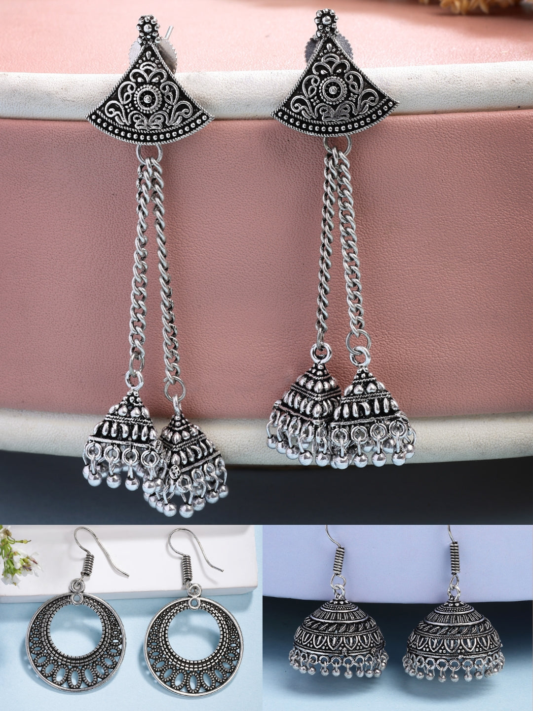NVR Women Ethnic Set of 3 Oxidized Silver-Plated Jhumka & Chandbali Earrings