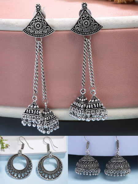 NVR Women Ethnic Set of 3 Oxidized Silver-Plated Jhumka & Chandbali Earrings