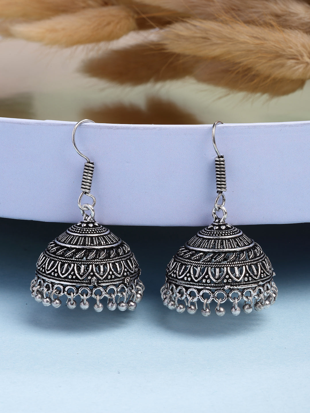 NVR Women Ethnic Set of 3 Oxidized Silver-Plated Jhumka & Chandbali Earrings