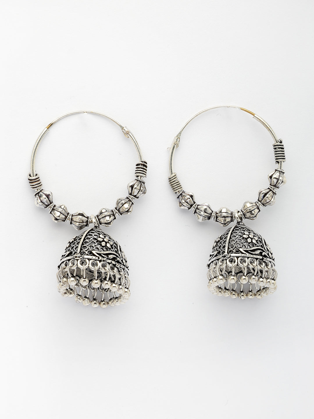 NVR Women's Set of 3 Silver Plated Oxidized Contemporary Jhumka Earrings