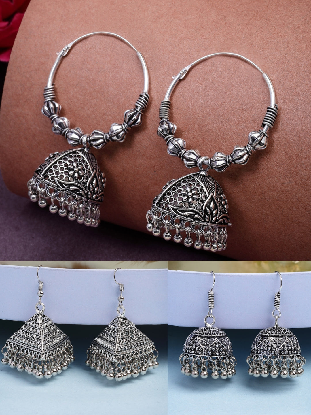 NVR Women's Set of 3 Silver Plated Oxidized Contemporary Jhumka Earrings