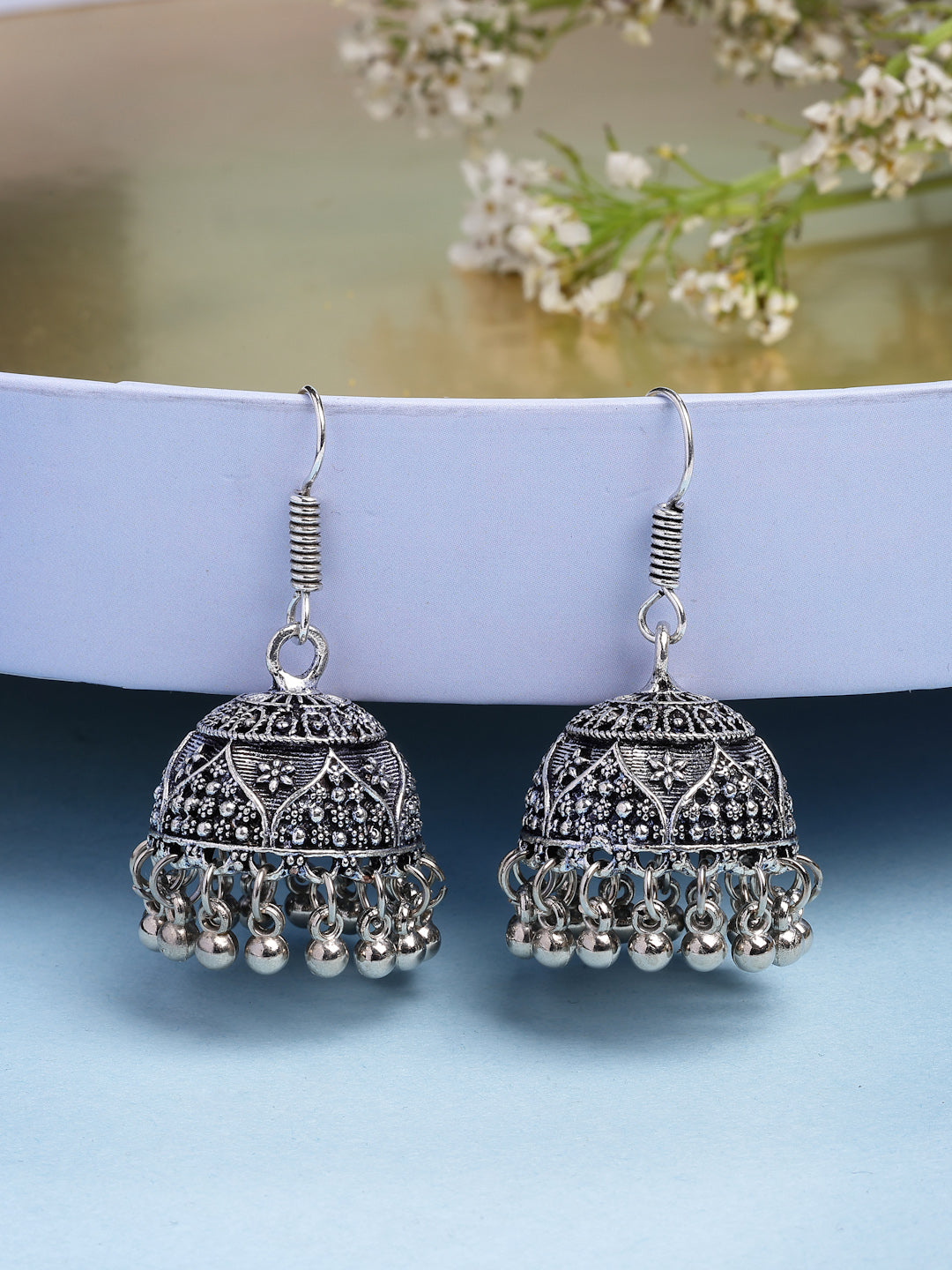 NVR Women's Set of 3 Silver Plated Oxidized Contemporary Jhumka Earrings