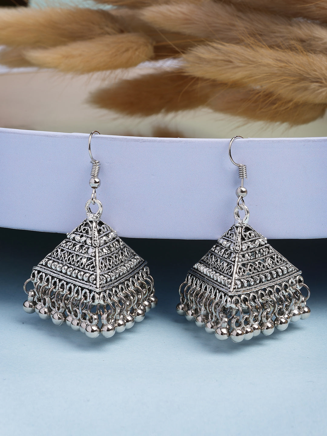 NVR Women's Set of 3 Silver Plated Oxidized Contemporary Jhumka Earrings