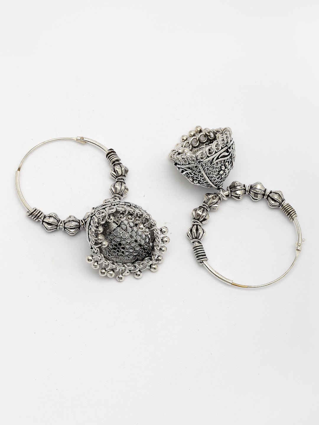 NVR Women's Set of 3 Silver Plated Oxidized Contemporary Jhumka Earrings