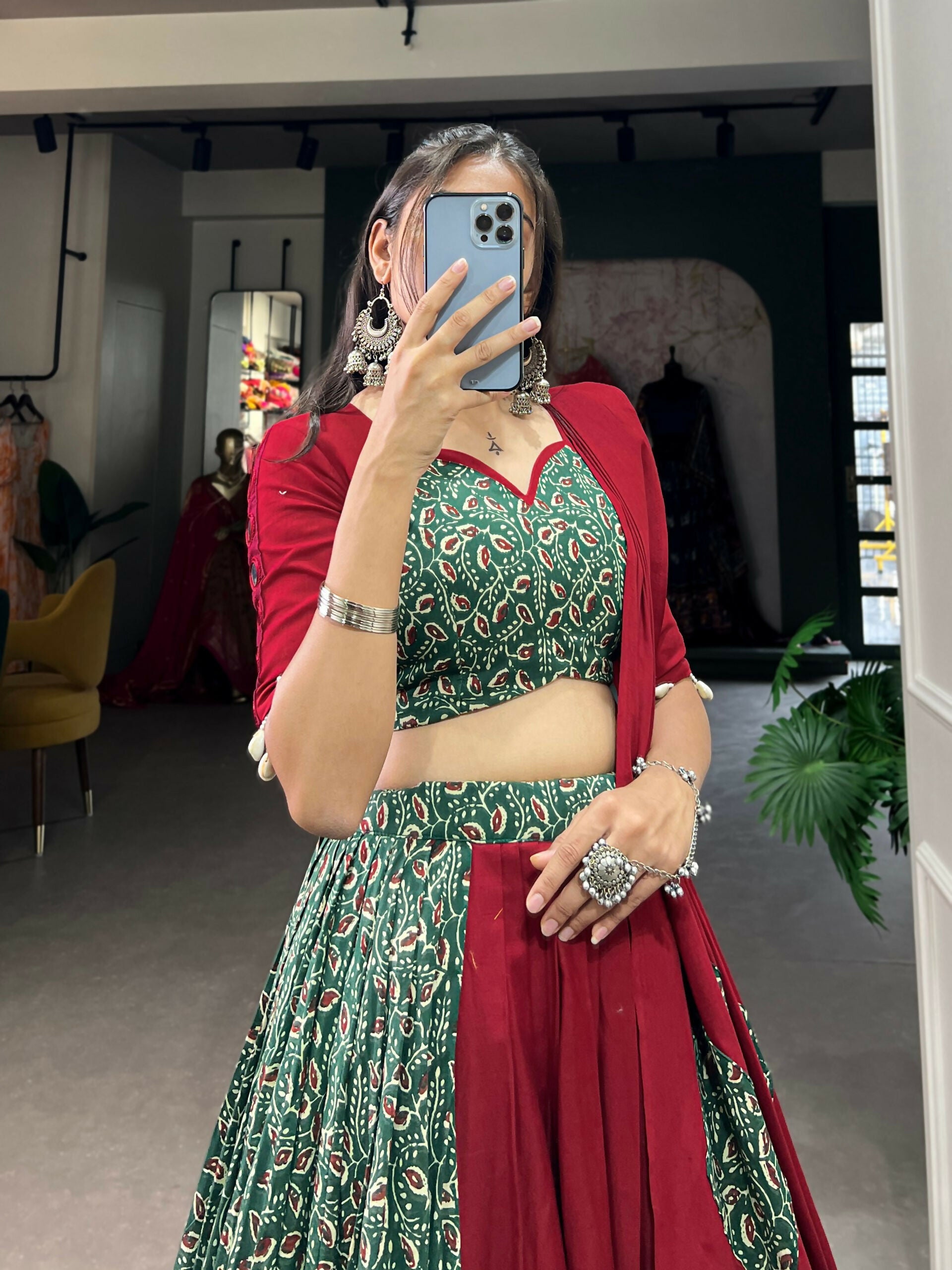 Vastranavya Navaratri Special Pure Cotton Printed With Gota Patti And Lace Touch Up Lehenga with Stitched Choli - Green - Distacart