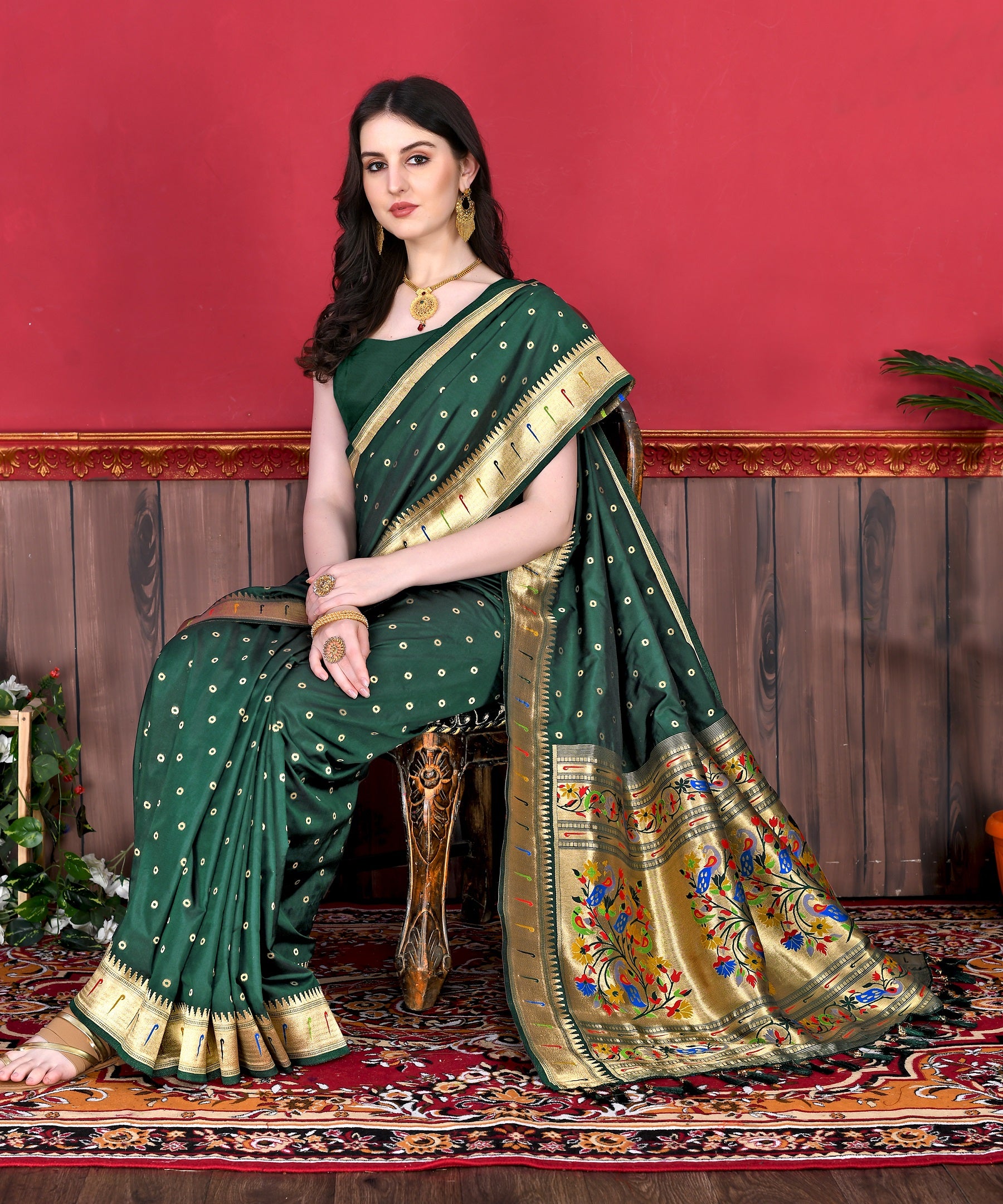 Vedant Vastram Soft Litchi Silk Paithani Silk Saree - Bottle Green - Distacart
