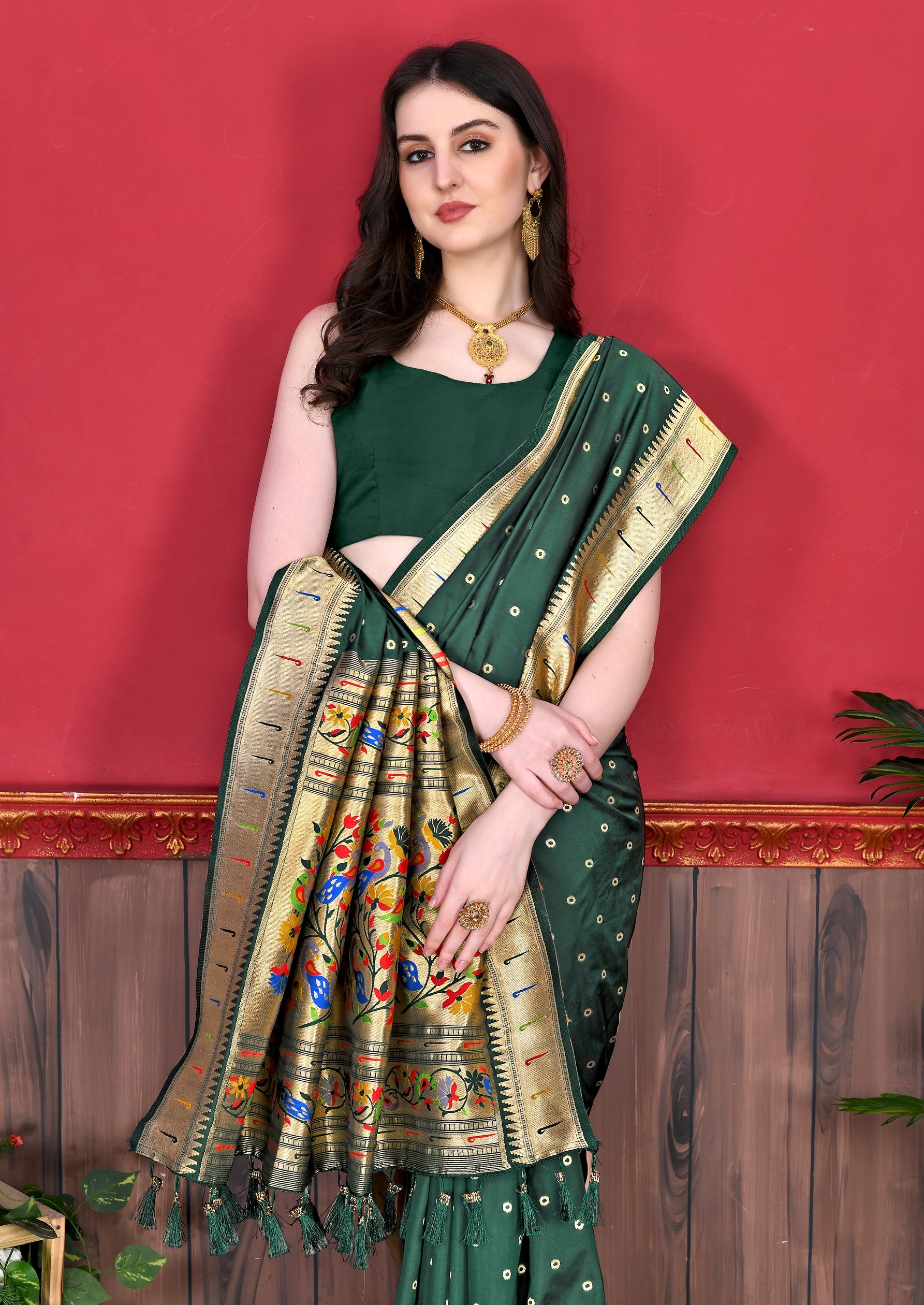 Vedant Vastram Soft Litchi Silk Paithani Silk Saree - Bottle Green - Distacart