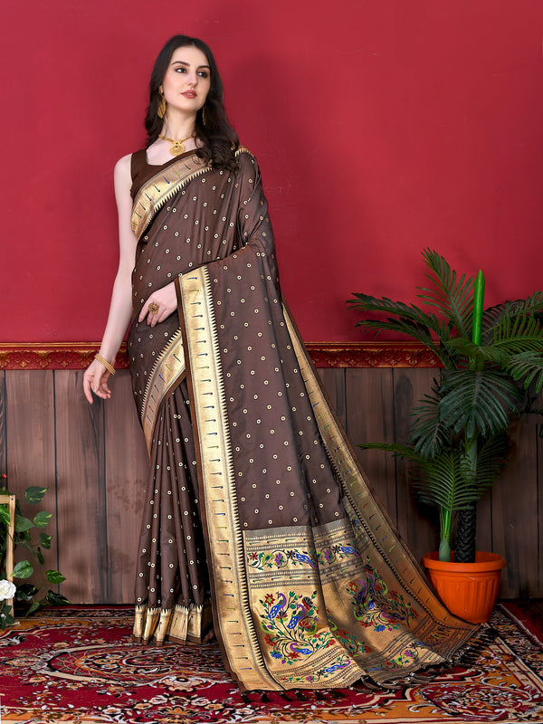 Vedant Vastram Soft Litchi Silk Paithani Silk Saree - Brown - Distacart
