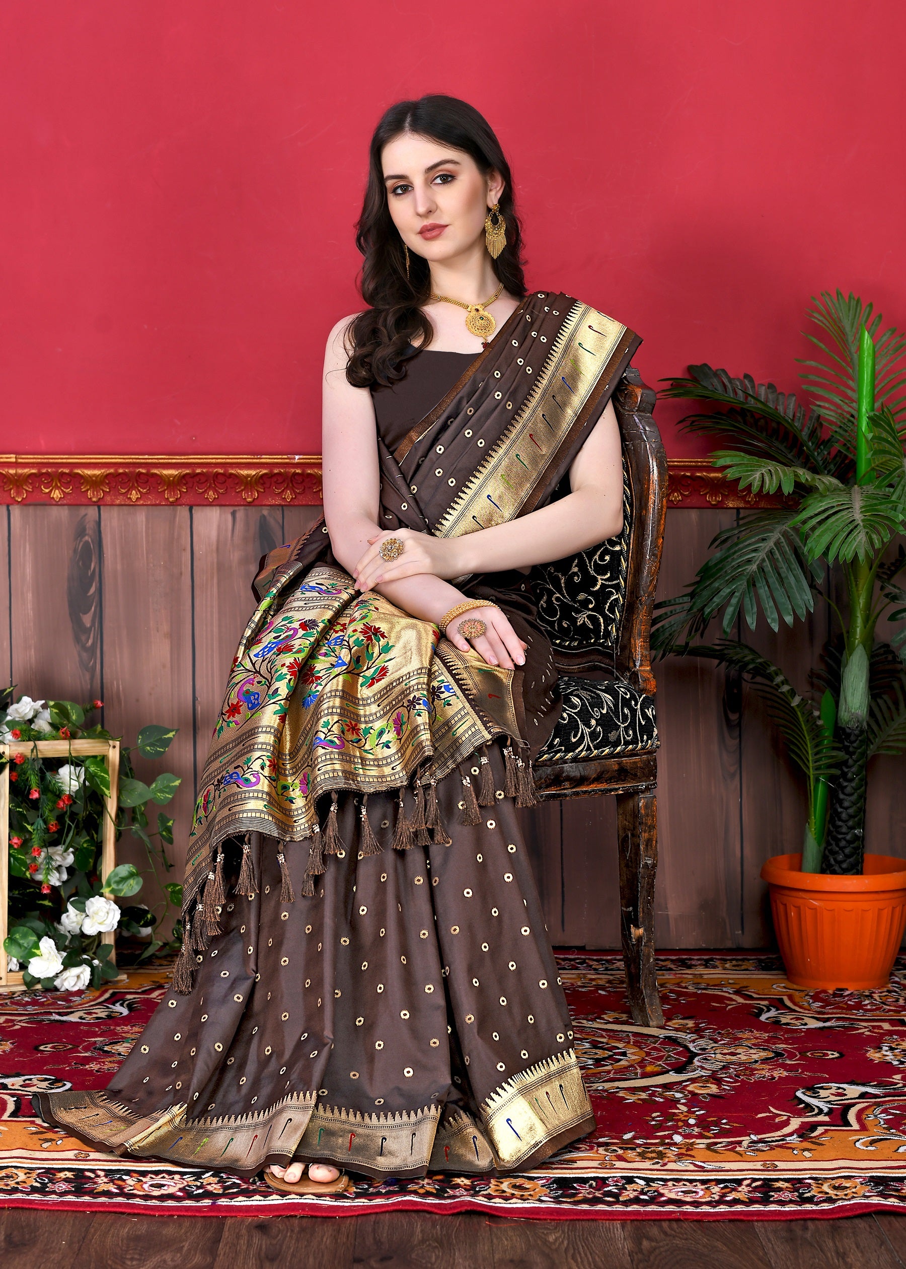 Vedant Vastram Soft Litchi Silk Paithani Silk Saree - Brown - Distacart