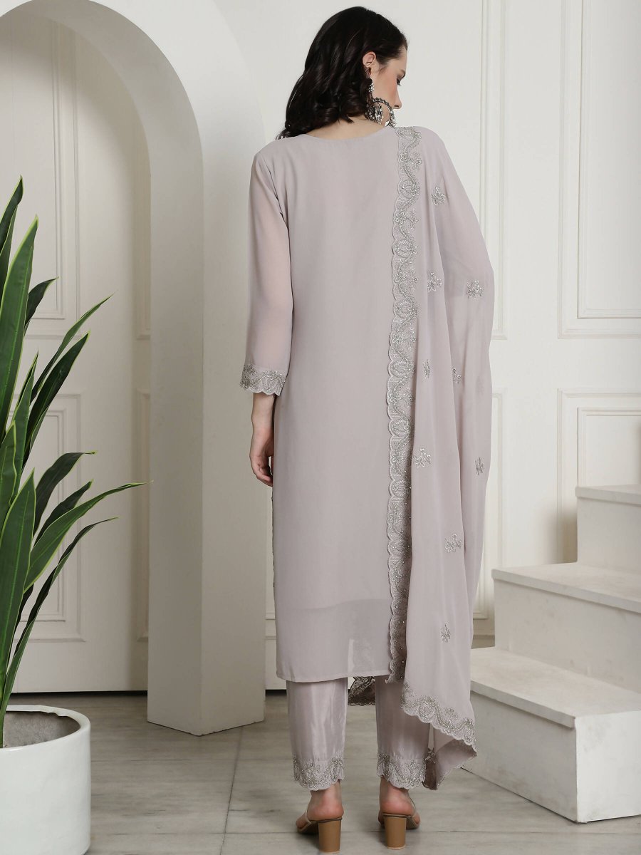 Aastha Fashion Women's Grey Georgette Floral Resham Thread with Cording & Crystal work Kurta with Trouser & Dupatta - Distacart
