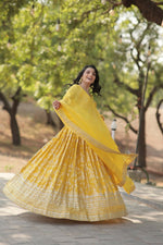 Thumbnail for Vastranavya Designer Dyeable Pure Viscose Jacquard Fabric Lehenga Choli & Dupatta Set - Yellow - Distacart