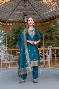 Thumbnail for Lyush Women Party Wear Jacquard Worked Kurta With Pant And Dupatta Set - Rama