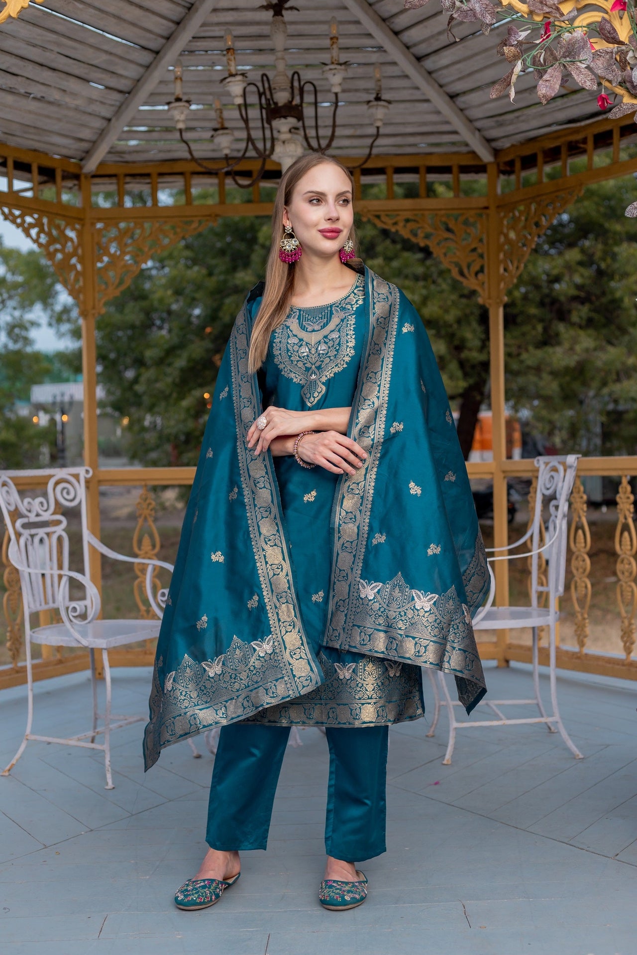 Lyush Women Party Wear Jacquard Worked Kurta With Pant And Dupatta Set - Rama