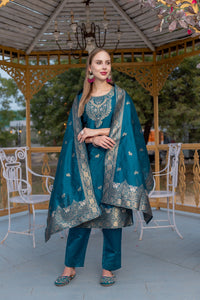 Thumbnail for Lyush Women Party Wear Jacquard Worked Kurta With Pant And Dupatta Set - Rama