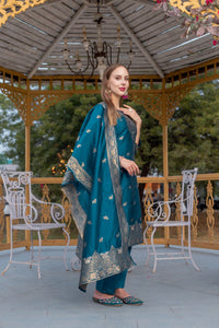 Thumbnail for Lyush Women Party Wear Jacquard Worked Kurta With Pant And Dupatta Set - Rama