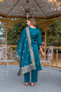 Thumbnail for Lyush Women Party Wear Jacquard Worked Kurta With Pant And Dupatta Set - Rama