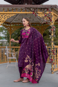 Thumbnail for Lyush Women Party Wear Jacquard Worked Kurta With Pant And Dupatta Set - Purple