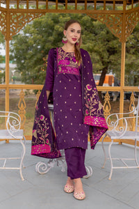 Thumbnail for Lyush Women Party Wear Jacquard Worked Kurta With Pant And Dupatta Set - Purple