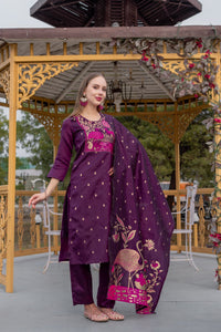 Thumbnail for Lyush Women Party Wear Jacquard Worked Kurta With Pant And Dupatta Set - Purple
