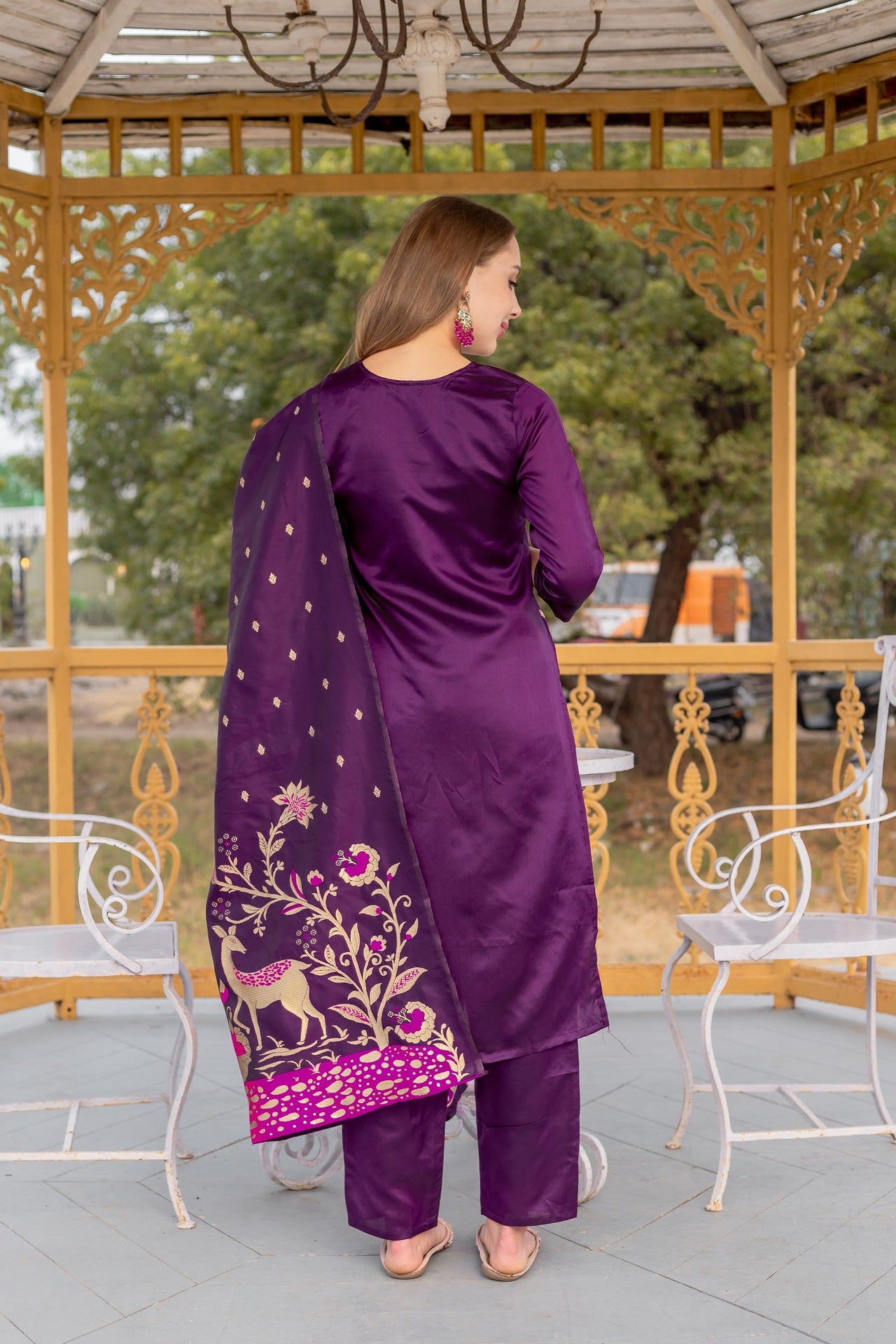 Lyush Women Party Wear Jacquard Worked Kurta With Pant And Dupatta Set - Purple