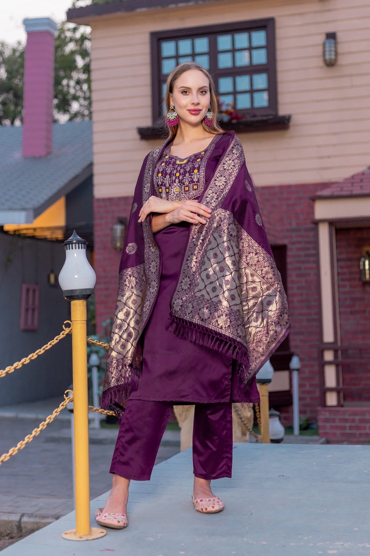 Lyush Women Party Wear Jacquard Worked Kurta With Pant And Dupatta Set - Purple