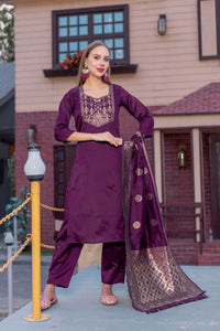 Thumbnail for Lyush Women Party Wear Jacquard Worked Kurta With Pant And Dupatta Set - Purple