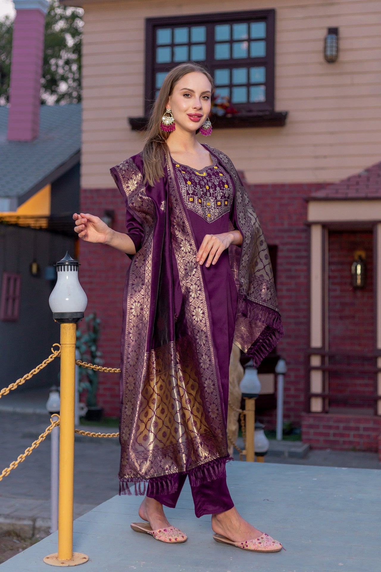 Lyush Women Party Wear Jacquard Worked Kurta With Pant And Dupatta Set - Purple