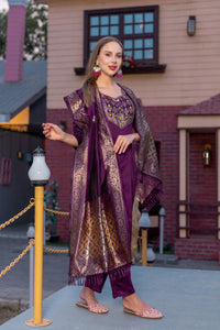 Thumbnail for Lyush Women Party Wear Jacquard Worked Kurta With Pant And Dupatta Set - Purple