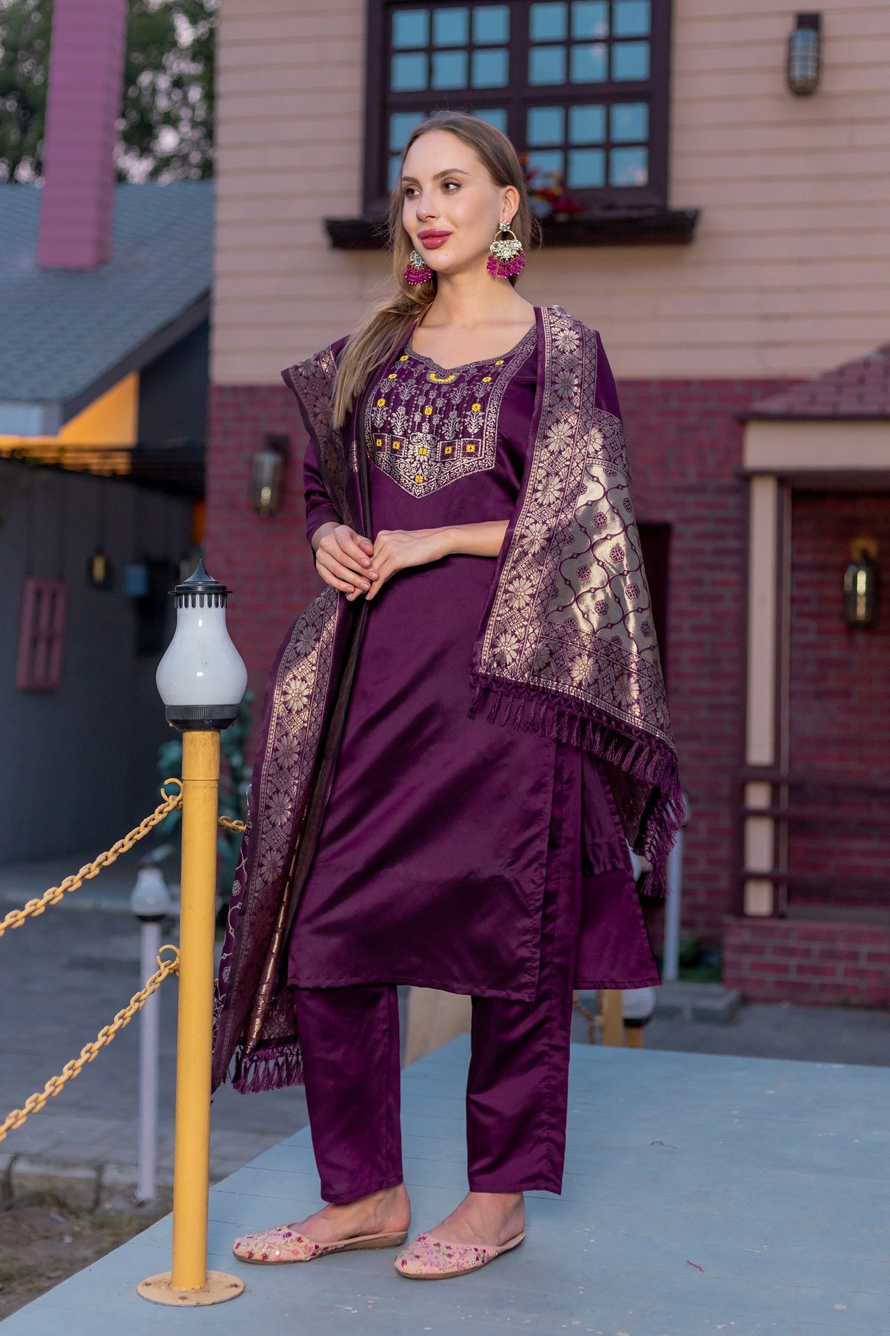Lyush Women Party Wear Jacquard Worked Kurta With Pant And Dupatta Set - Purple