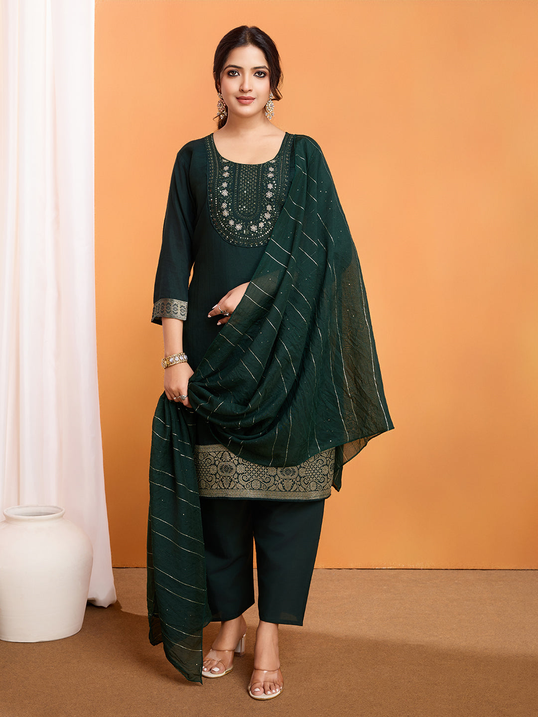 Lyush Women Party Wear Embroidery Worked Kurta With Pant And Dupatta Set - Green