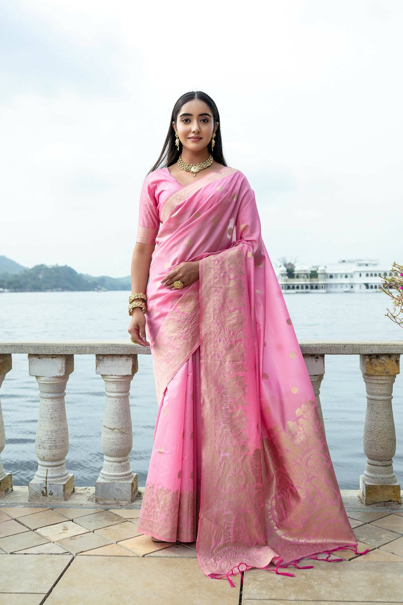 Aastha Fashion Pink Woven Soft Silk Saree with Blouse - Distacart