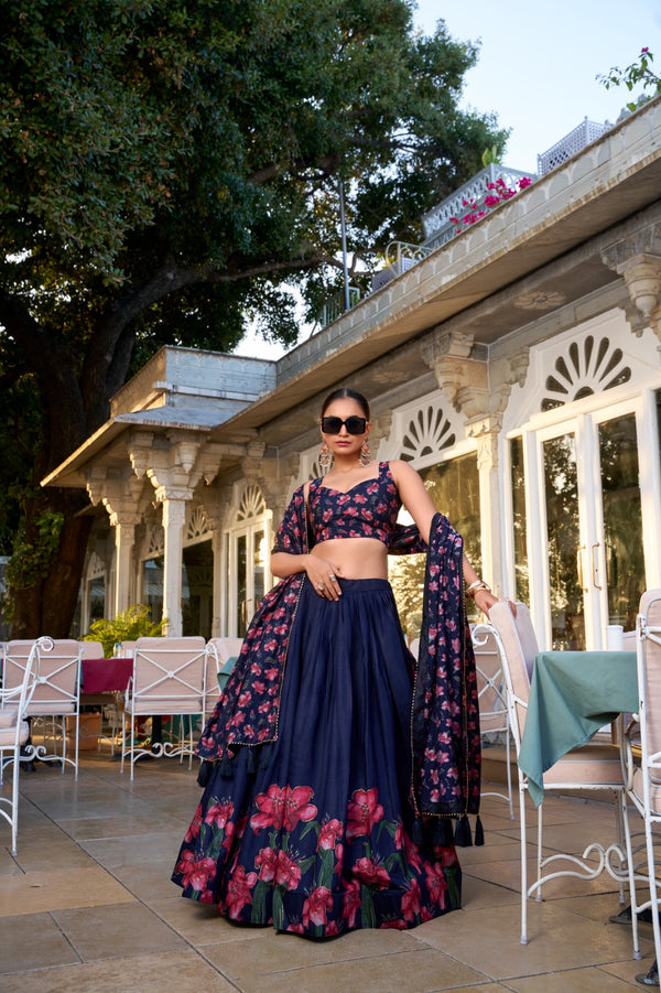 Lorenvalley Navy Blue Tussar Silk Floral Print With Foil Work Lehenga Choli with Dupatta - Distacart