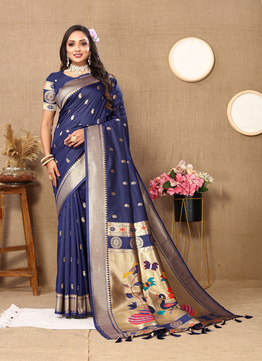 Lorenvalley Fashion Navyblue Soft Paithani Silk Woven Design Rich Zari Meenakari Weaving Saree - Distacart
