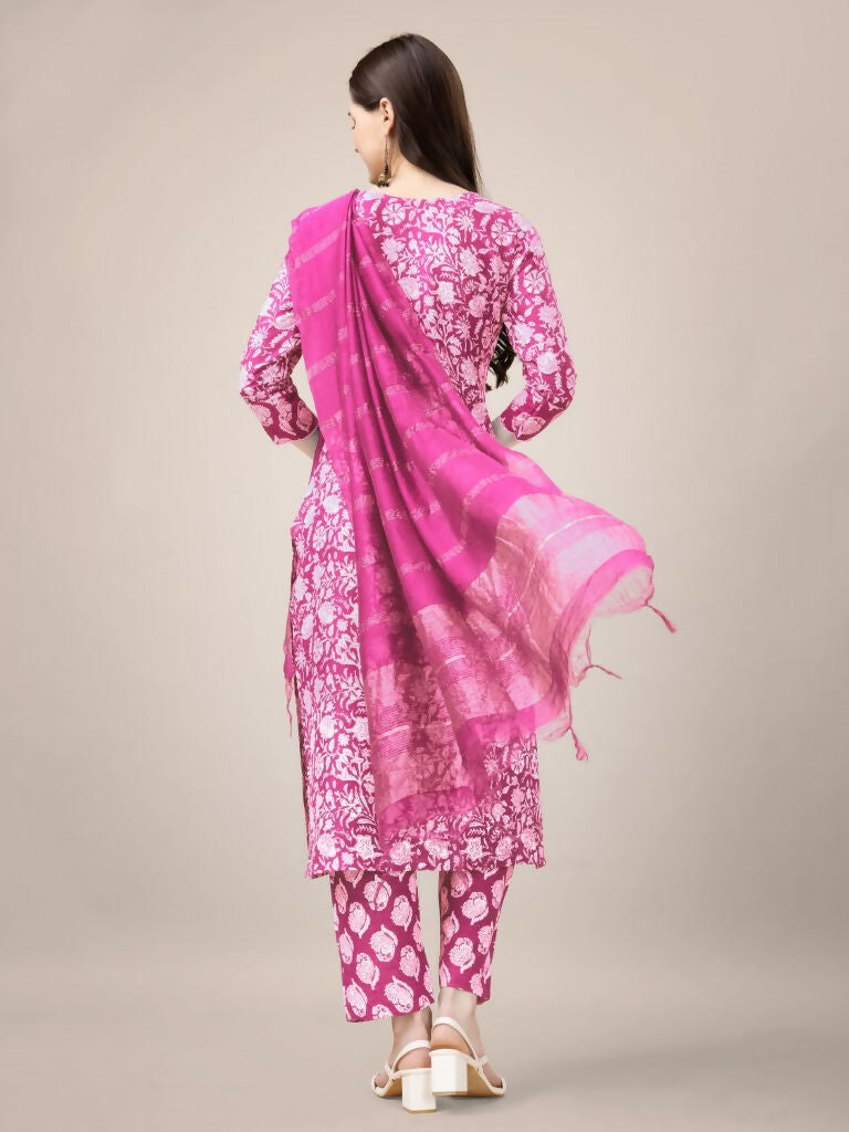 Jyoti Fashion Women's Pink Rayon Print with Embroidery & Fancy Lace Work Kurta with Trouser & Dupatta - Distacart