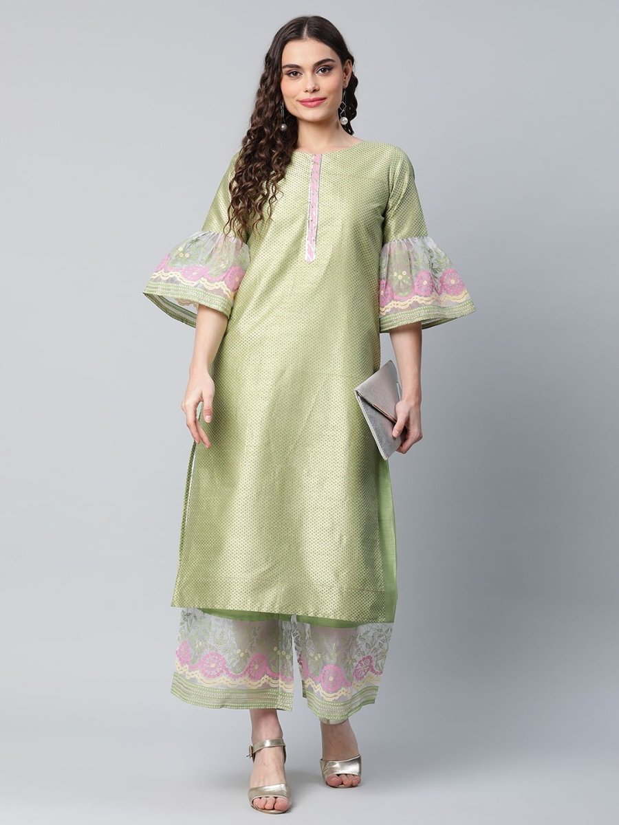 Ahalyaa Women's Light Green Poly Silk Gold Printed Kurta Palazzo Set - Distacart