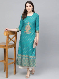 Thumbnail for Anubhutee Peacock Blue Kurta Set with Golden Traditional Motifs - Distacart