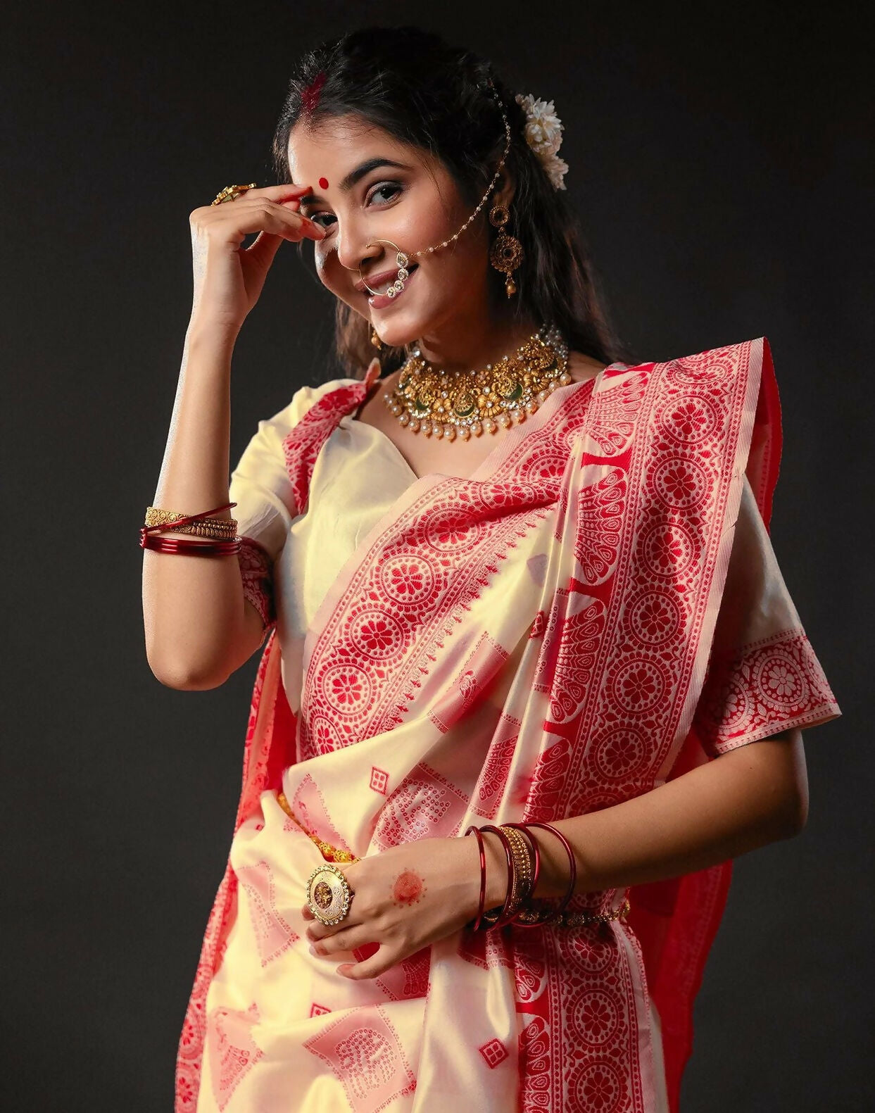 Joban Fashion Cream Silk Woven Durga Puja Saree