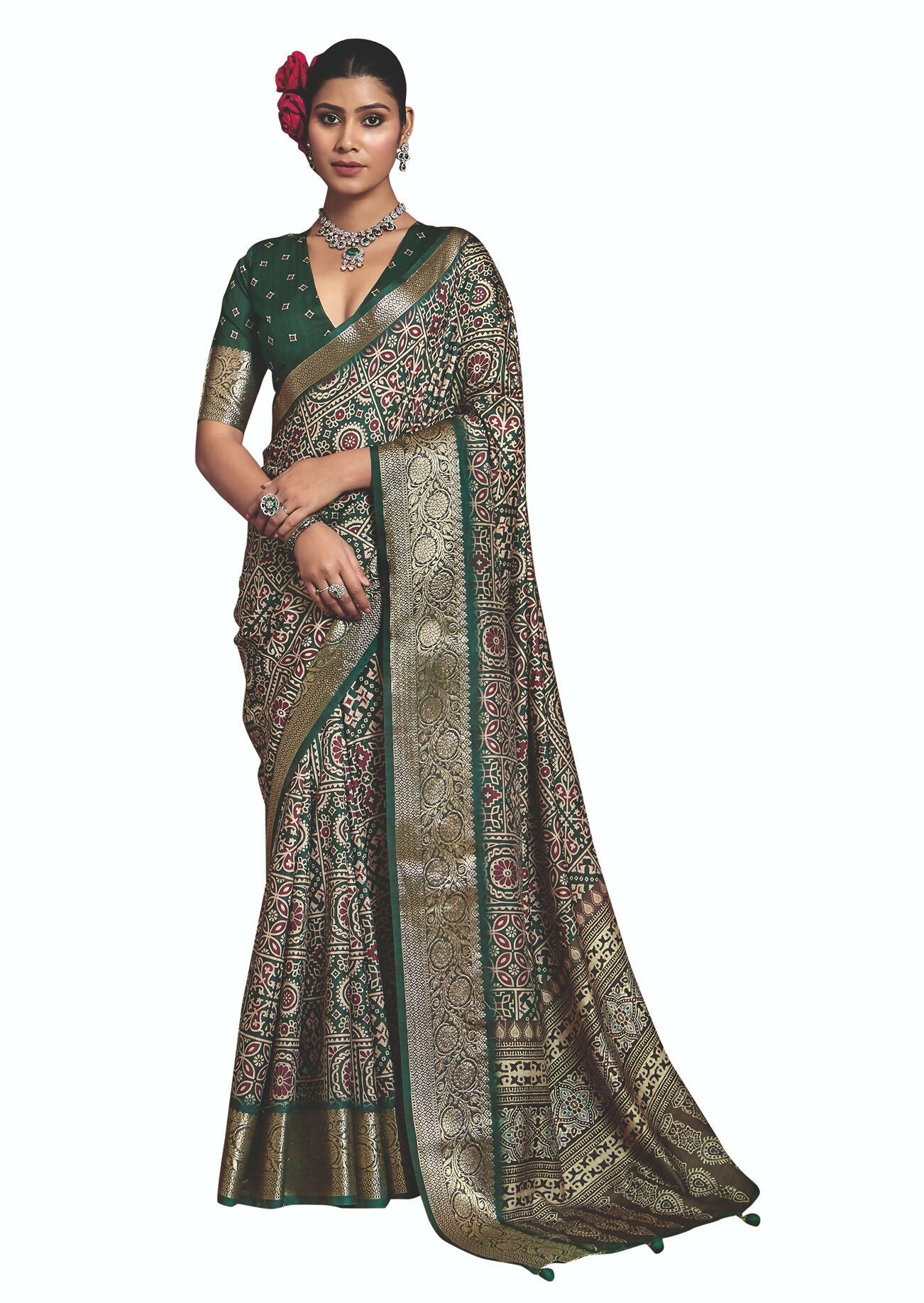Joban Fashion Green Art Silk With Fine Viscose Border Ajrak Full Body Print With Soft Finish Saree