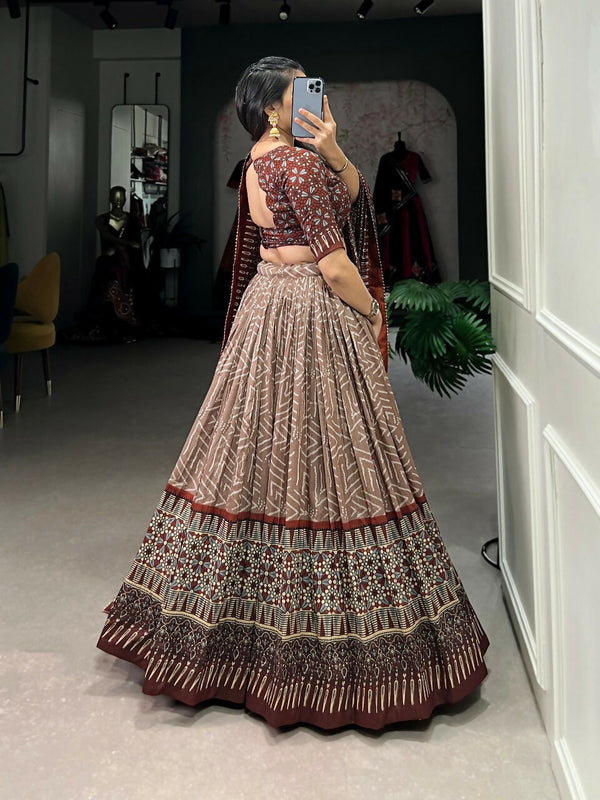 Vastranavya Bandhej And Ajarakh Print Tussar Silk Lehenga Choli - Brown - Distacart