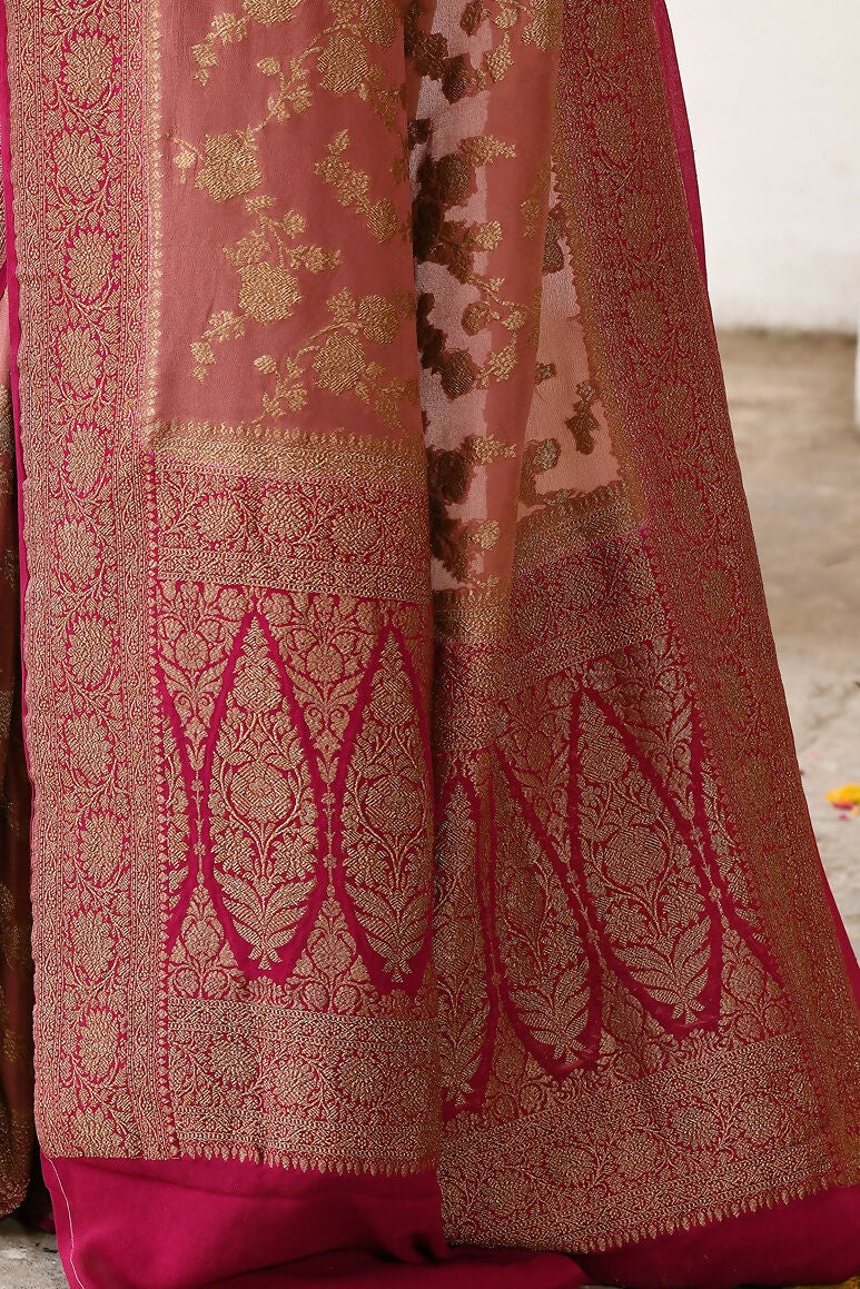 Joban Fashion Rouge Pink Crepe Chiffon Pure Handloom Banarasi Silk Saree