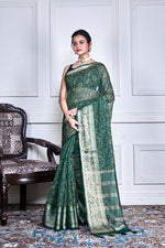 Thumbnail for Morchari Green Script Printed Orzanga Saree Unstitched Blouse