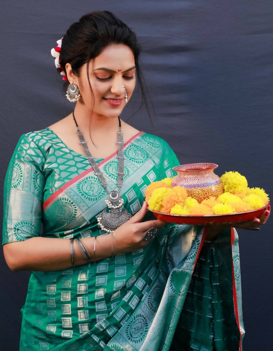Aastha Fashion Teal Woven Kanchipuram Silk Saree with Blouse - Distacart