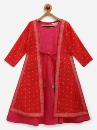 Thumbnail for Ahalyaa Dark Pink Crepe Khari Print kids Dress Attached Jacket For Girls - Distacart