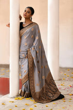 Thumbnail for Joban Fashion Grey Crepe Chiffon Pure Handloom Banarasi Silk Saree